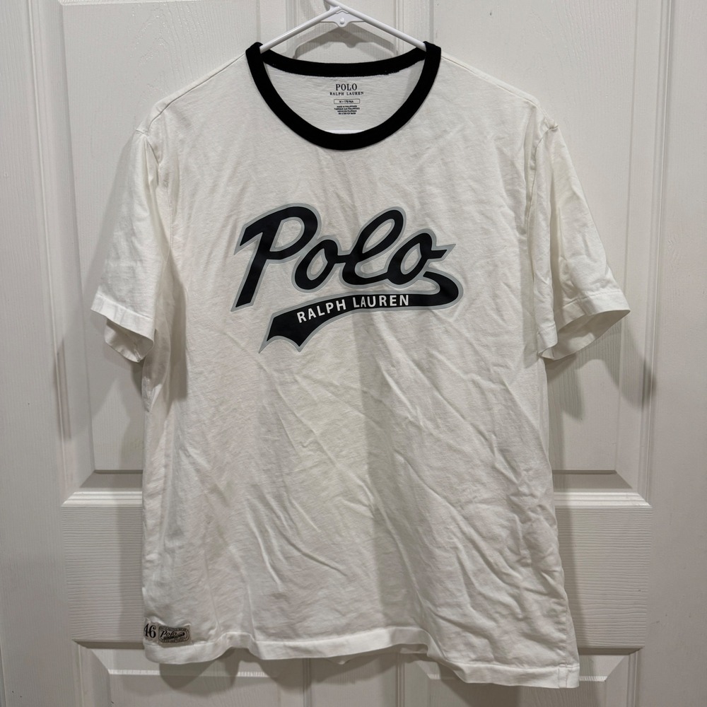 Polo Ralph Lauren Mens White Ringer T-Shirt Black Script Logo Graphic Tee M